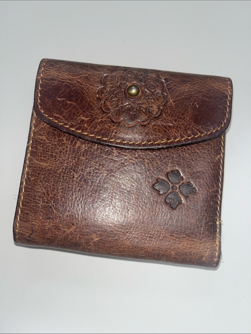 Patricia Nash Distressed Brown Tri-Fold Floral Tooled Leather Wallet / Coin